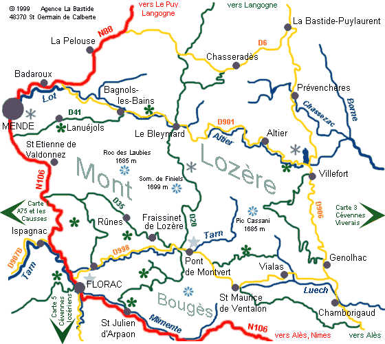 Road maps of the Cevennes, Causse Méjean, Causse de Sauveterre, Causse ...